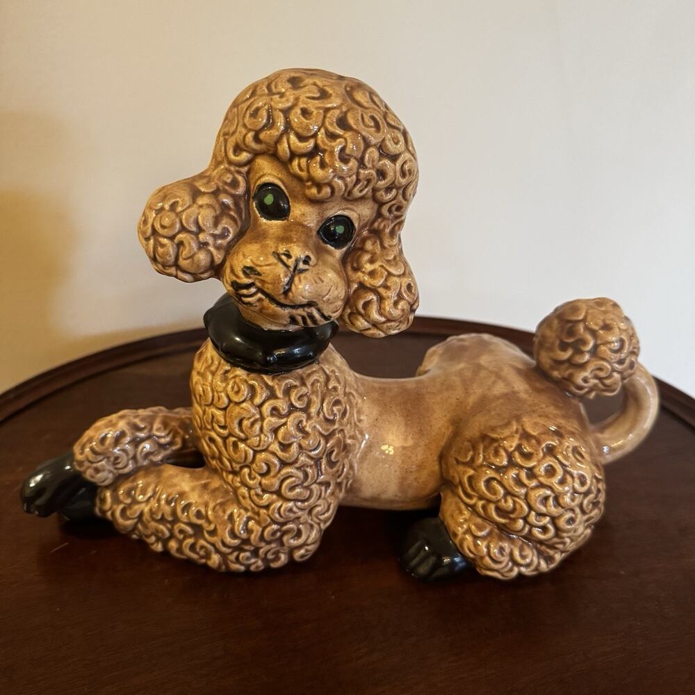 VTG Ceramic Poodle Figure Atlantic Mold‎ Tan Green Eyes MCM Decor Kitschy 7 x 11